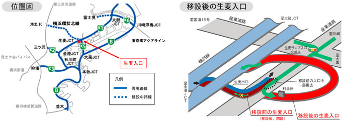 位置図、移設後の生麦入口