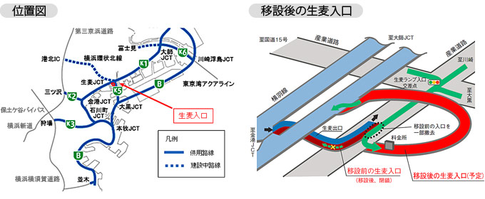 位置図、移設後の生麦入口