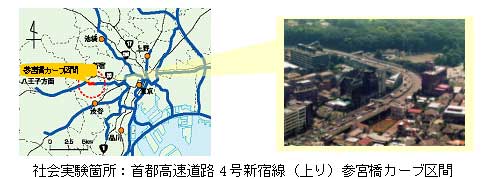 社会実験箇所：首都高速道路4号新宿線（上り）参宮橋カーブ区間