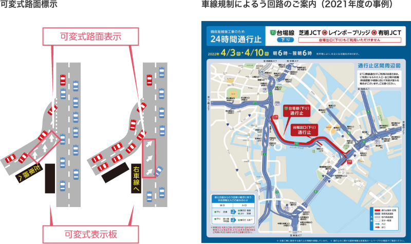 可変式路面標示、車線規制によるう回路のご案内（2021年度の事例）