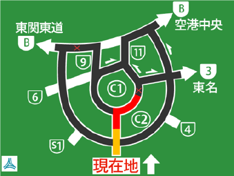 A simple diagram information board on traffic conditions is installed before a junction that splits into multiple routes.