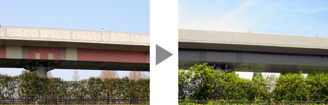 橋桁の色彩は、隣接する品川区民公園と調和する「濃いグリーン」にしました。 