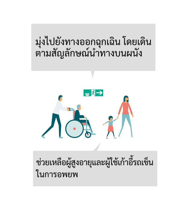 มุ่งไปยังทางออกฉุกเฉินโดยเดินตามป้ายนำทางบนผนัง กรุณาช่วยเหลือผู้สูงอายุและผู้ใช้เก้าอี้รถเข็นในการอพยพ