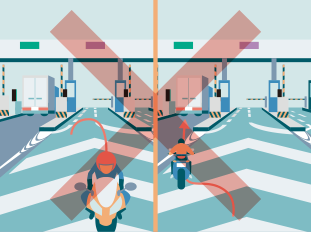 在收費站的車道時，逆向行駛、U 型迴轉或變換到另一條車道的圖片